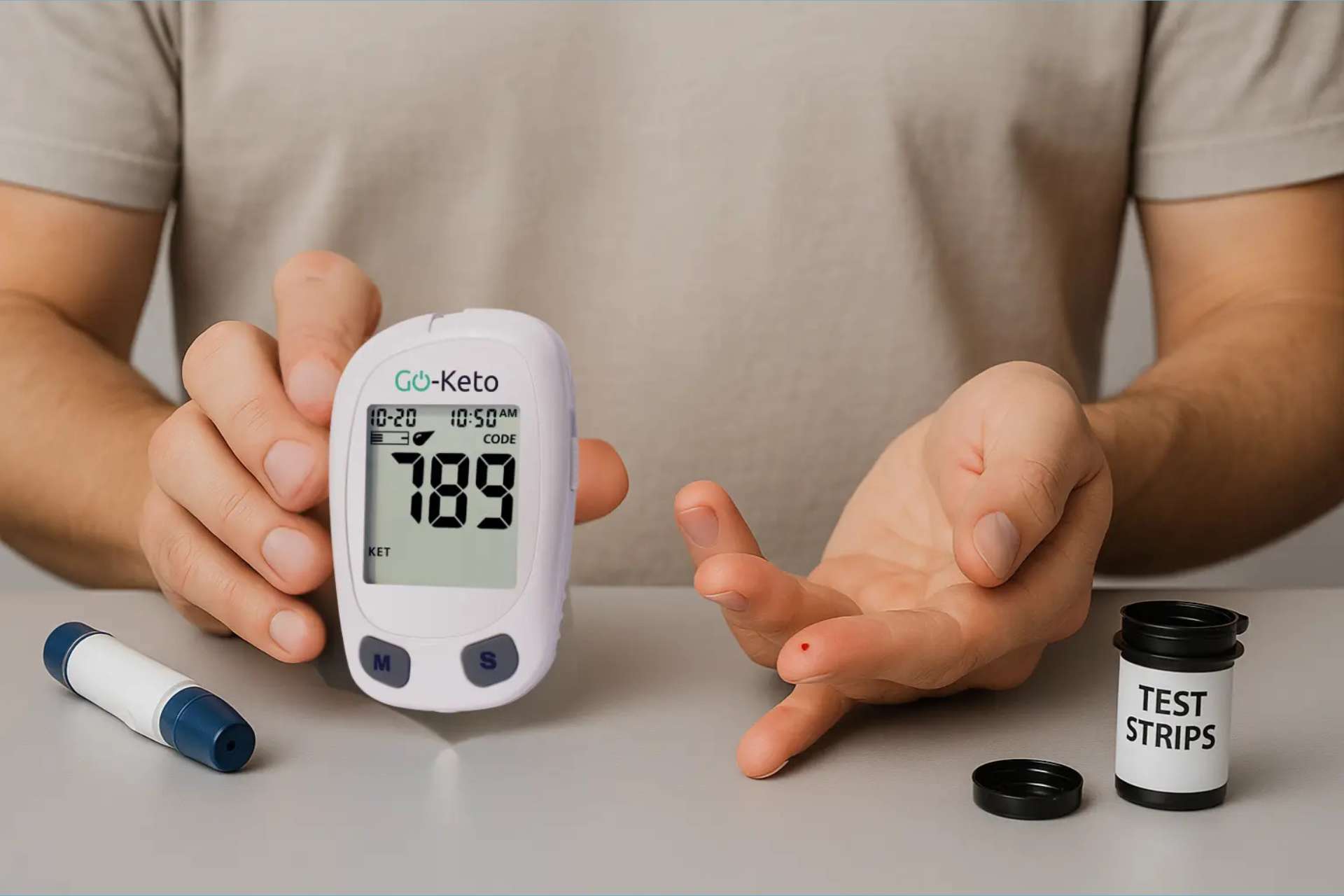 Step-by-step guide showing how to perform blood ketone test with Go-Keto meter