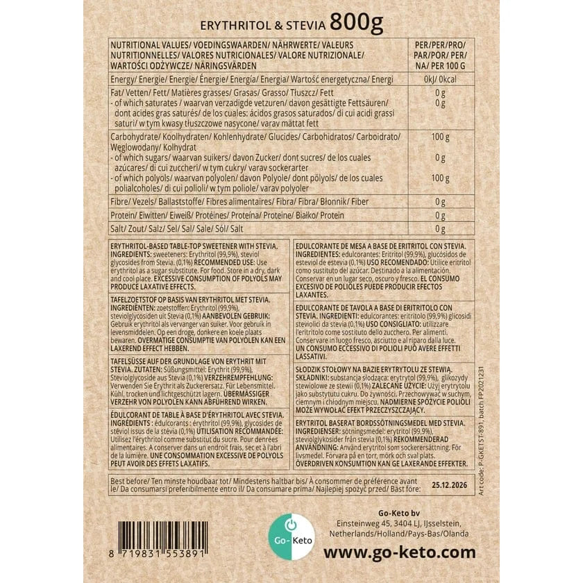 Erythritol Stevia Premium Sweetener Go-Keto 800g – product overview