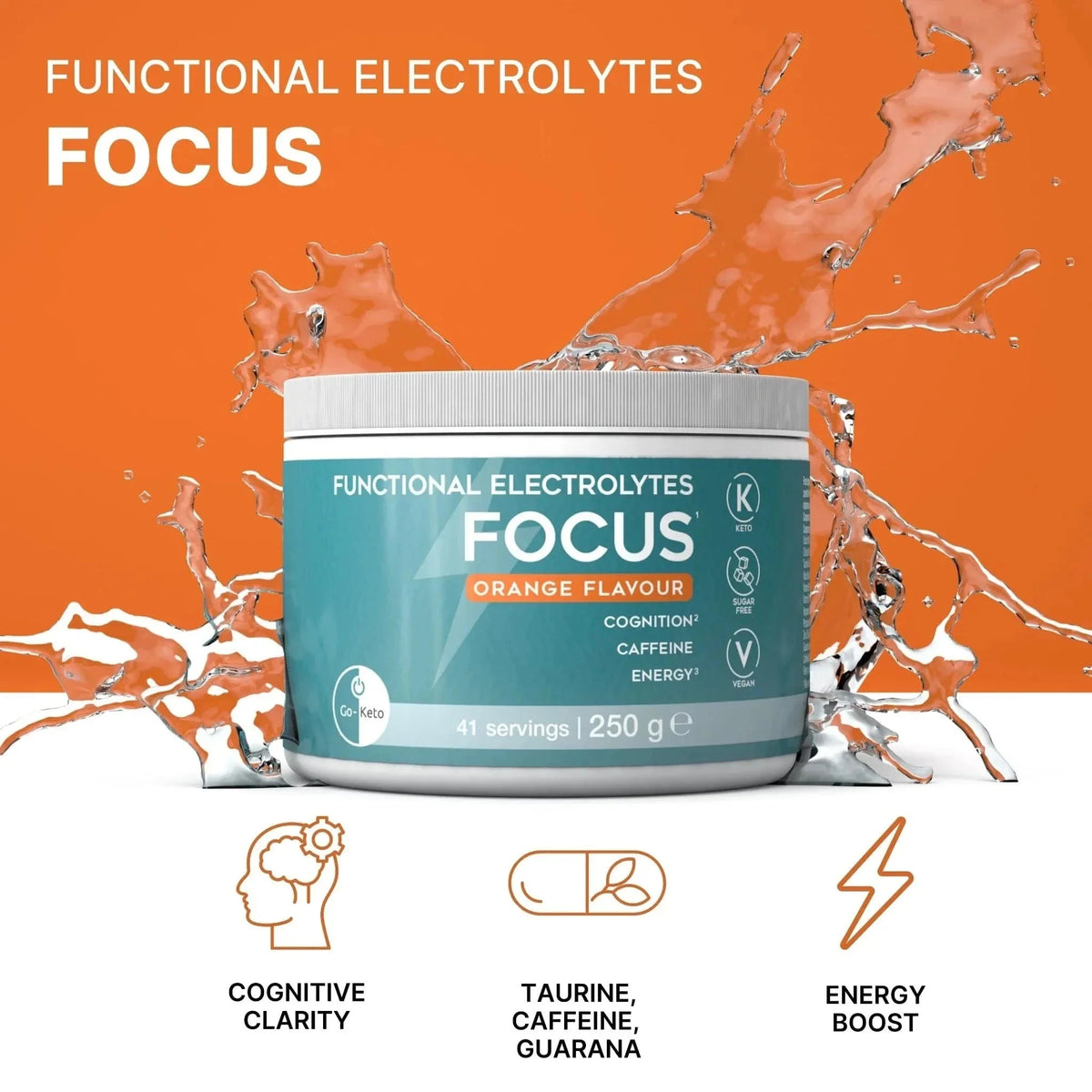 Functional Electrolytes Drink Mix Focus Orange Go-Keto 41 servings – product overview