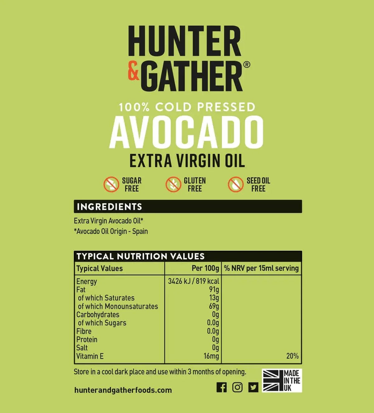 Hunter & Gather Avocado Oil Extra Virgin Hunter & Gather 250ml 00900003 Vital20