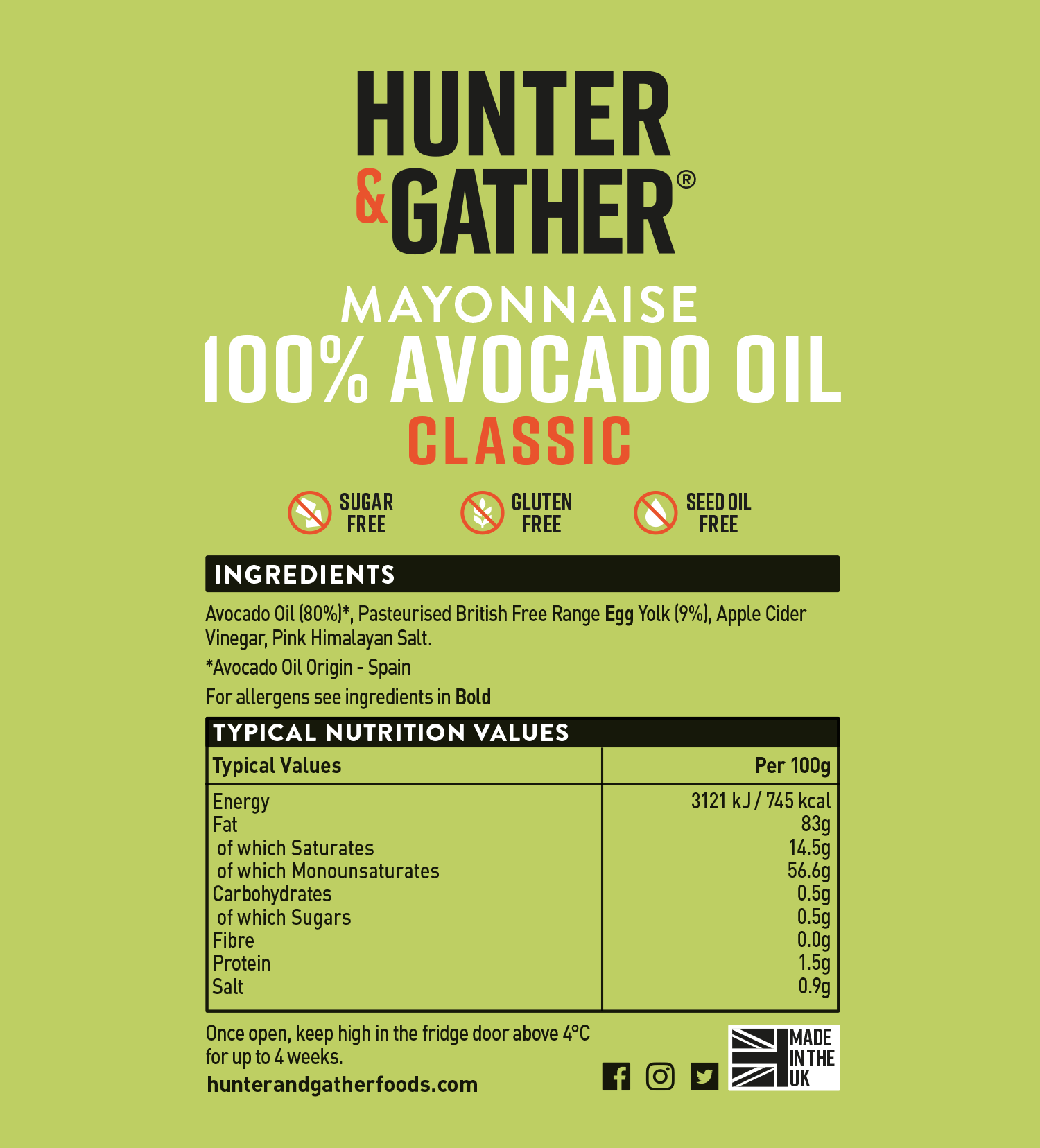 Hunter & Gather Avocado Oil Mayonnaise Classic Hunter & Gather 175g 00900005 Vital20