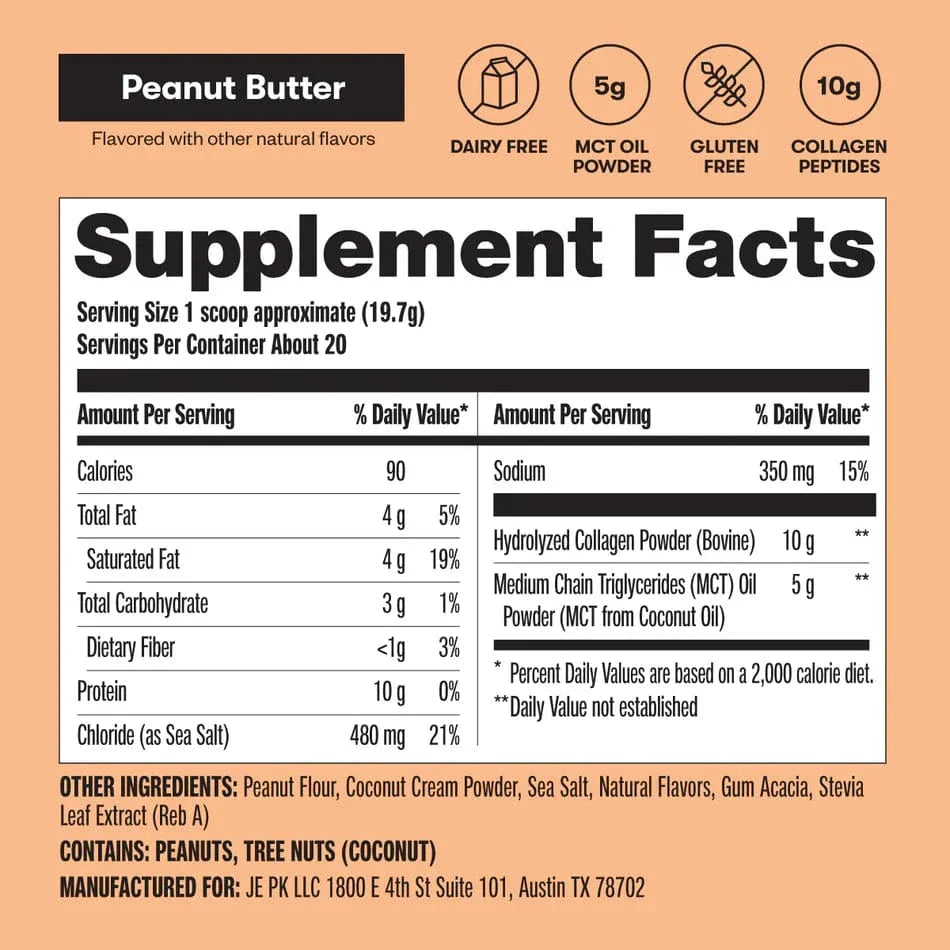 Perfect Keto Grass-Fed Collagen Peptides & MCT Brain Boost Peanut Butter Perfect Keto 395g P-PKKCPB-12 Vital20