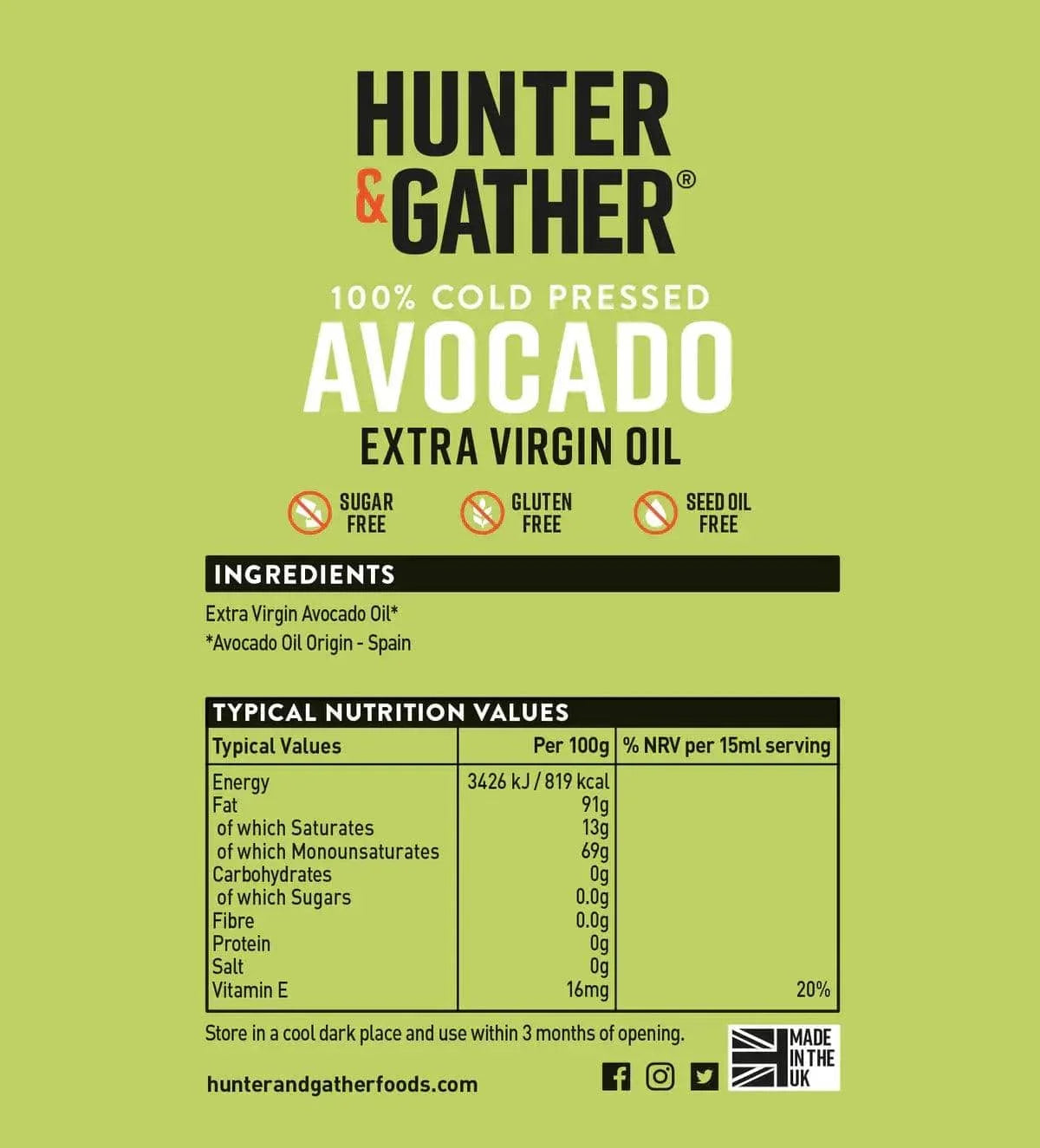 Avocado Oil Extra Virgin Hunter & Gather 500ml hunter & gather  00900004