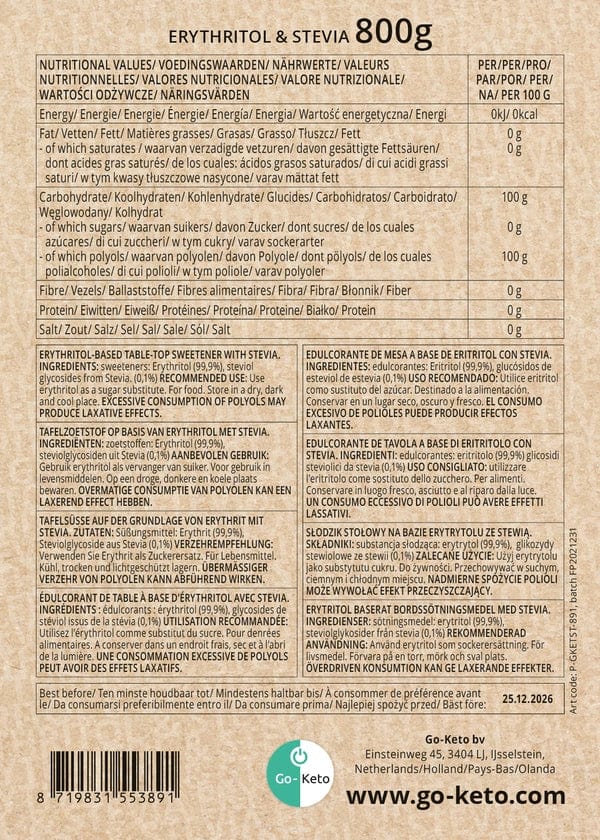 Go-Keto Erythritol Stevia  Premium Sweetener Go-Keto 800g P-GKETST-891 Vital20