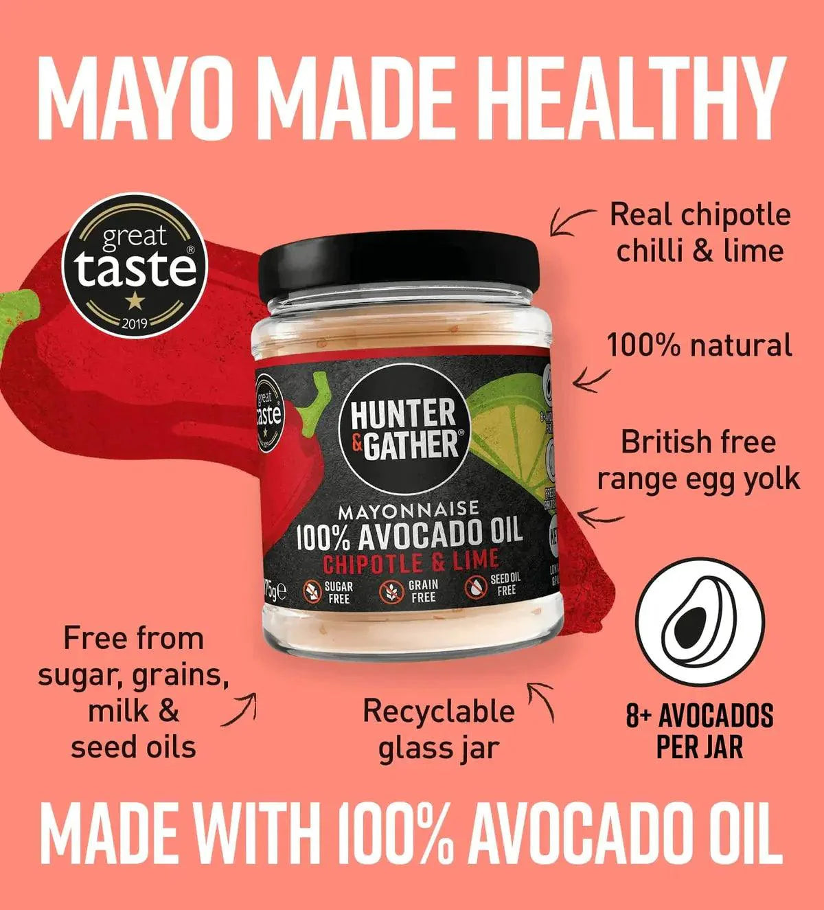 Hunter & Gather Avocado Oil Mayonnaise Chipotle & Lime Hunter & Gather 250g 00900036 Vital20