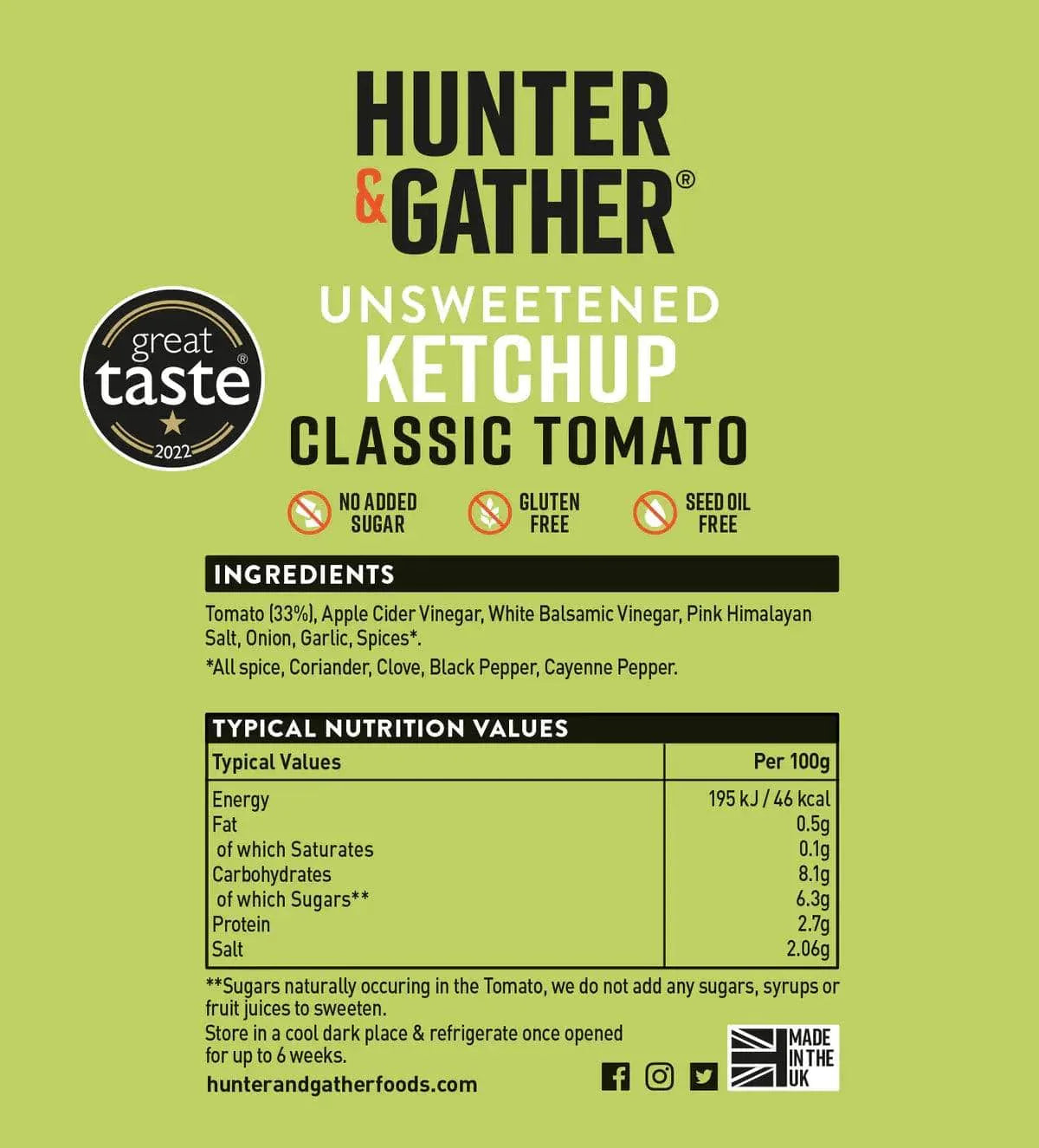 Hunter & Gather Unsweetened Tomato Ketchup Hunter & Gather 350g 00900037 Vital20