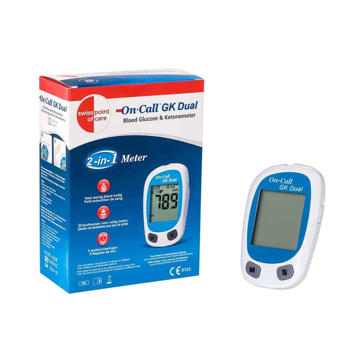 Swiss Point of Care Blood Glucose Ketone Meter On Call GK Dual Swiss Point of Care No Strips and Lancets Vital20